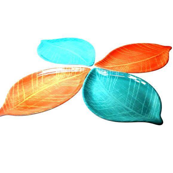 8 Orange & Turquoise Precidio Melamine Leaf 10" X 6" Salad/Dessert Plates - Picture 4 of 7
